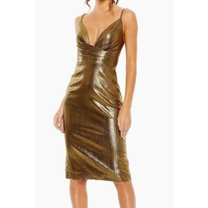 $358 Ieena for Mac Duggal V-neck Foiled Metallic Midi Dress | sz 8, Gold NWT